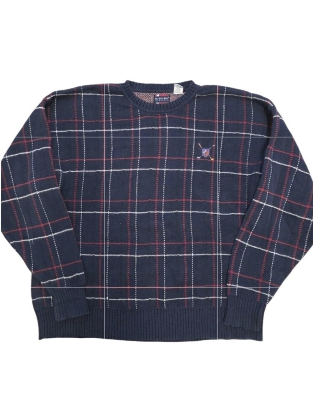 Bugle Boy Mens Sweater Navy Blue Plaid Vintage 90s Preppy Y2K Ivy League Loose